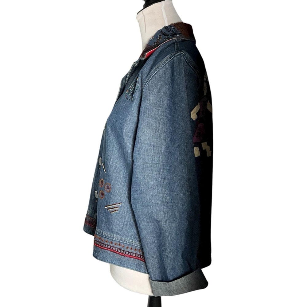 Chico’s Jean Jacket Denim Embroidered Friends Beaded Applique Button Up Small - Picture 7 of 15